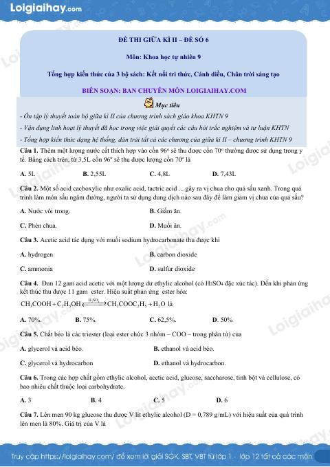 Đề thi giữa kì 2 KHTN 9 Kết nối tri thức - Đề số 6